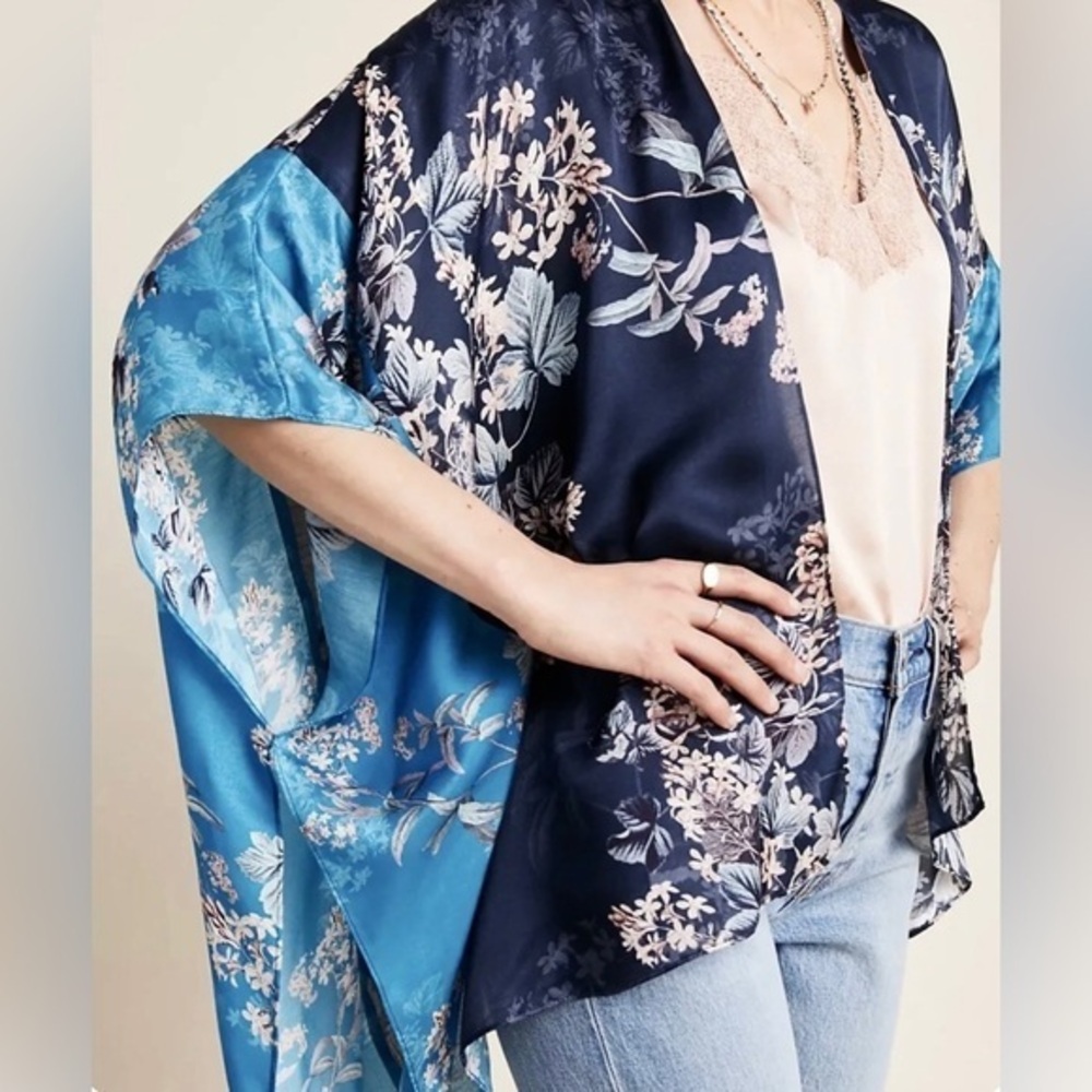 Kachel X Anthropologie Jamie Tasseled Kimono Blue Floral Silk Blend One …